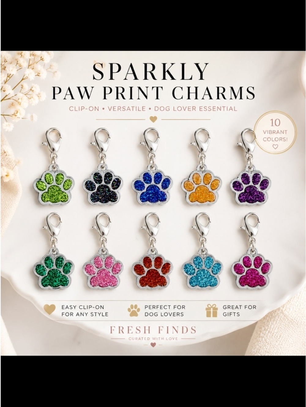 Glitter Paw Print Charm Set Dog Lover Jewelry Clip On Metal Pendant Gift New